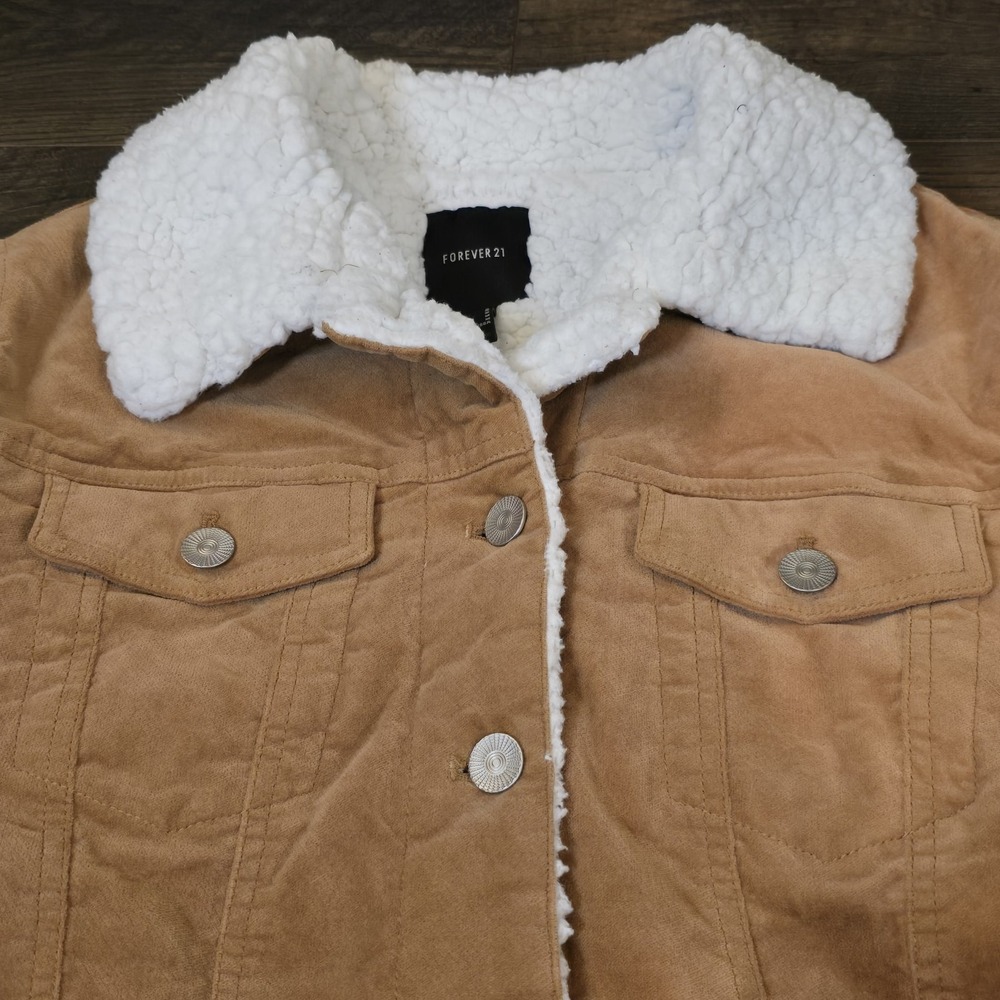 Forever 21 Tan Faux Suede Sherpa Lined Trucker Jacket M Y2K Cozy Soft